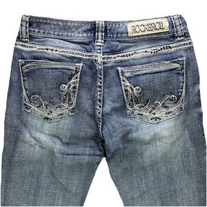 Rock & Roll Cowgirl Jeans Womens 29x32 fits 29x30 Mid Rise Bootcut Studded Faded